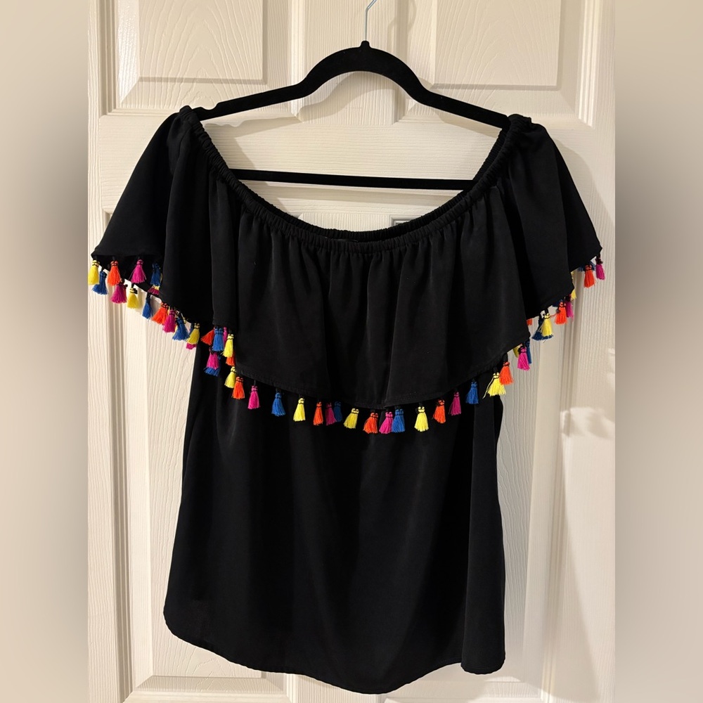 INC International Concepts Black Off the Shoulder Blouse with Tassels Large